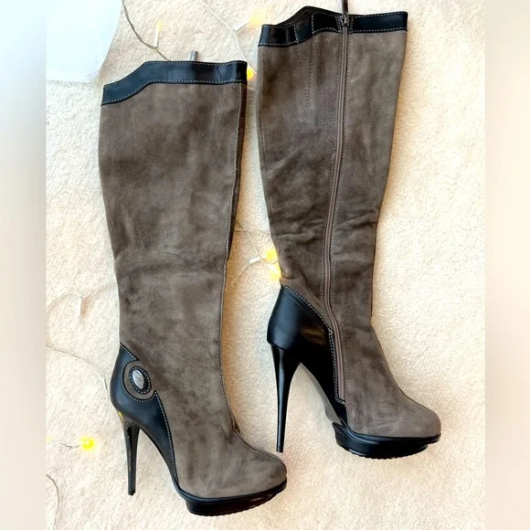 Italian Designer Suede Brown Green Khaki Knee High Fur Boots Platform High Heels - Picture 1 of 14